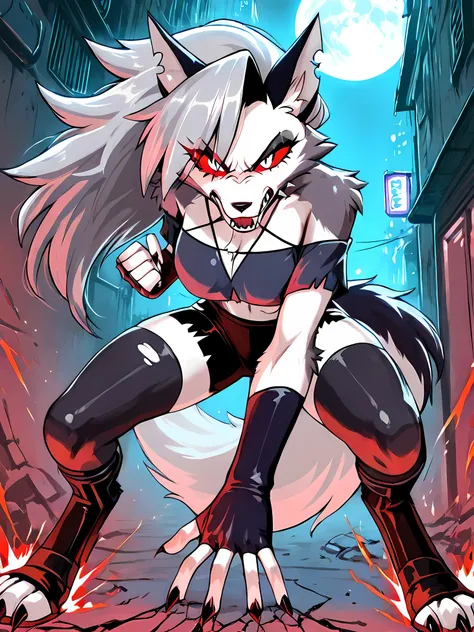 Loona the wolf girl from Helluva Boss, fierce expression, glowing crimson eyes, sharp canine teeth, fluffy ash-gray fur with black accents, wearing her signature torn black crop top, ripped jeans, and spiked collar. Standing in a dark urban alley with neon...