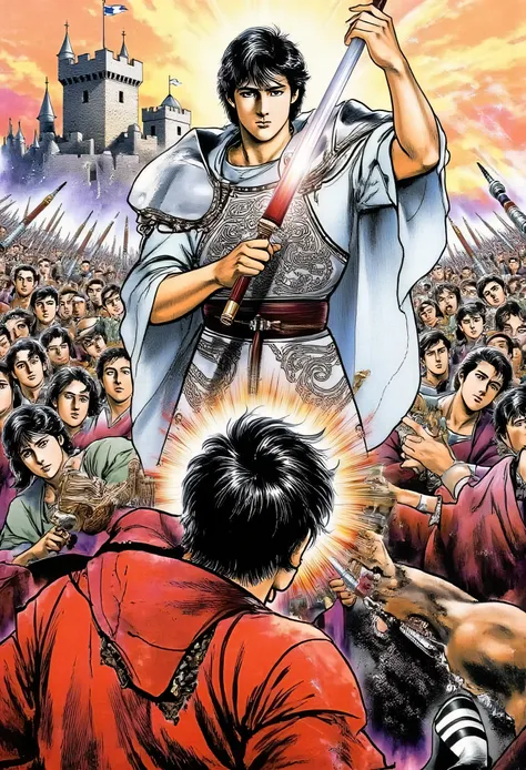 Tall young brown skin man , short wavy black hair in his face, brown eyes, wearing battle armor without head gear, he’s Battling the devil, pants, the Bible times with a lot of people, absurdres, high res, ultrasharp, 8K, masterpiece, looking around while ...
