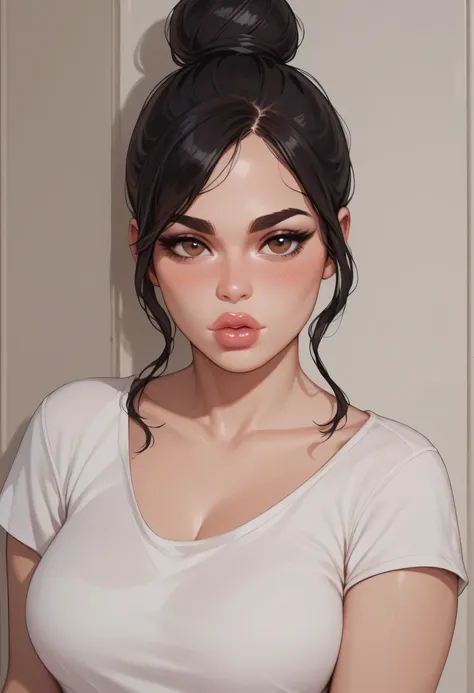 perfect face, bun top knot hair, black hair, black natural eyebrows, brown eyes, black eyeliners, blush, thick lips, beautiful woman, white t-shirt, medium breasts