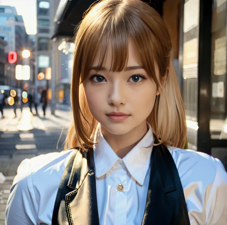 8K quality, pictures, A beautiful woman like a goddess, in the city where the backlight of the intense sunset is dazzling, From the chest up, (Red thin string ribbon tie on the collar of an unexposed shirt:1.2), (High chest position:1.2), (Brilliant, beaut...