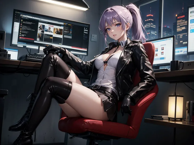 (Masterpiece, better quality, detailed), a chic, Alone,  ((sitting in a gamer chair)), ojos detaileds, purple eyes shirt, Lavender hair short ponytail, Love, medium breasts, sensual lips, ((harness on the torso)), ((black leather jacket)), (black gloves, (...