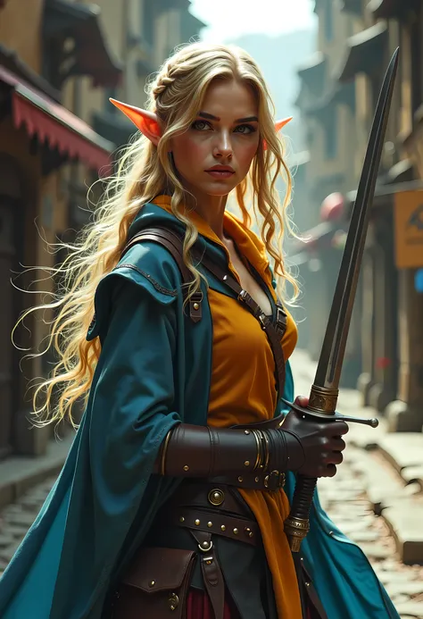 a black and white 1940s pin up snapshot picture of a female elf, fantasy swashbuckler, fantasy fencer, armed with a slim sword, metallic shine, colorful clothes, full body, epic beautiful female elf, blond hair, long hair, billowing hair, small pointed ear...
