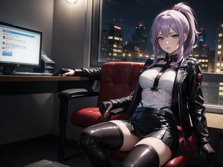 (Masterpiece, better quality, detailed), a chic, Alone,  ((sitting in a gamer chair)), ojos detaileds, purple eyes shirt, Lavender hair short ponytail, Love, medium breasts, sensual lips, ((harness on the torso)), ((black leather jacket)), (black gloves, (...