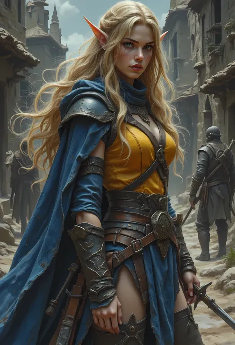 a black and white 1940s pin up snapshot picture of a female elf, fantasy swashbuckler, fantasy fencer, armed with a slim sword, metallic shine, colorful clothes, full body, epic beautiful female elf, blond hair, long hair, billowing hair, small pointed ear...