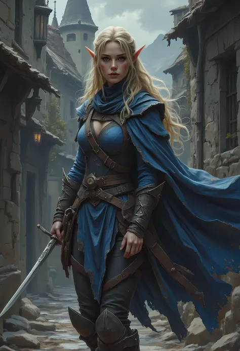 a black and white 1940s pin up snapshot picture of a female elf, fantasy swashbuckler, fantasy fencer, armed with a slim sword, metallic shine, colorful clothes, full body, epic beautiful female elf, blond hair, long hair, billowing hair, small pointed ear...