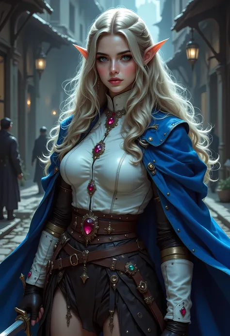 a 1940s pin up snapshot picture black and white (only colors are black and white and  blue) of a noble female elf, fantasy swashbuckler, fantasy fencer, armed with a slim sword, metallic shine, full body, epic beautiful female elf, blond hair, long hair, b...