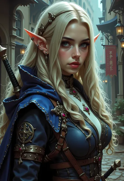 a 1940s pin up snapshot picture black and white (only colors are black and white and  green) of a noble female elf, fantasy swashbuckler, fantasy fencer, armed with a slim sword, metallic shine, full body, epic beautiful female elf, blond hair, long hair, ...