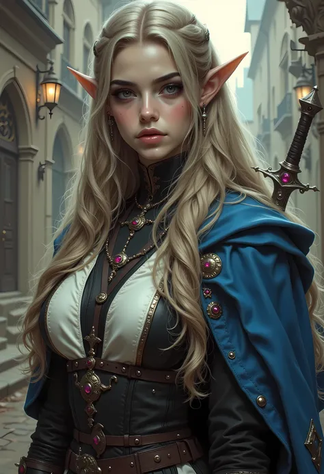 a 1940s pin up snapshot picture black and white (only colors are black and white and green) of a noble female elf, fantasy swashbuckler, fantasy fencer, armed with a slim sword, metallic shine, full body, epic beautiful female elf, blond hair, long hair, ...