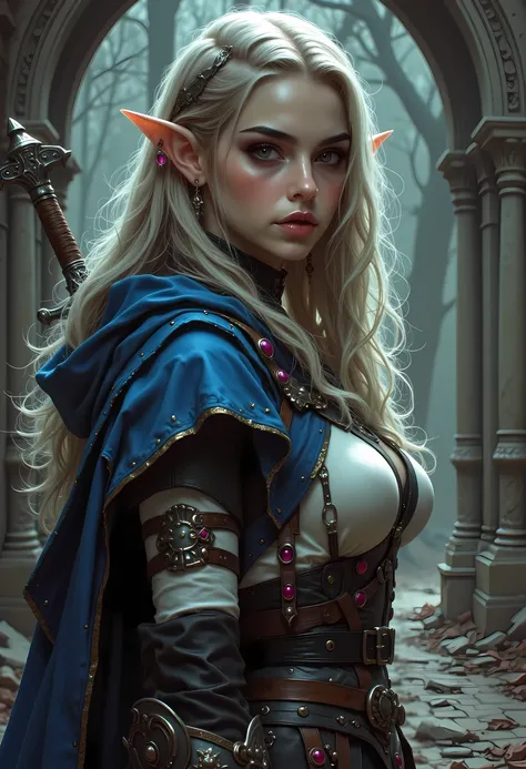 a 1940s pin up snapshot picture black and white (only colors are black and white and  green) of a noble female elf, fantasy swashbuckler, fantasy fencer, armed with a slim sword, metallic shine, full body, epic beautiful female elf, blond hair, long hair, ...
