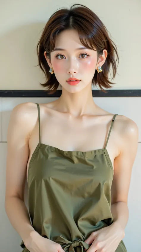 8k, masterpiece, highest quality, Korea's Beautiful Women, Close-up, front-view, short brown bob, olive-green apron, thin straps, lightweight material, neutral expression, hands at waist, light-colored wall, dark horizontal bar.