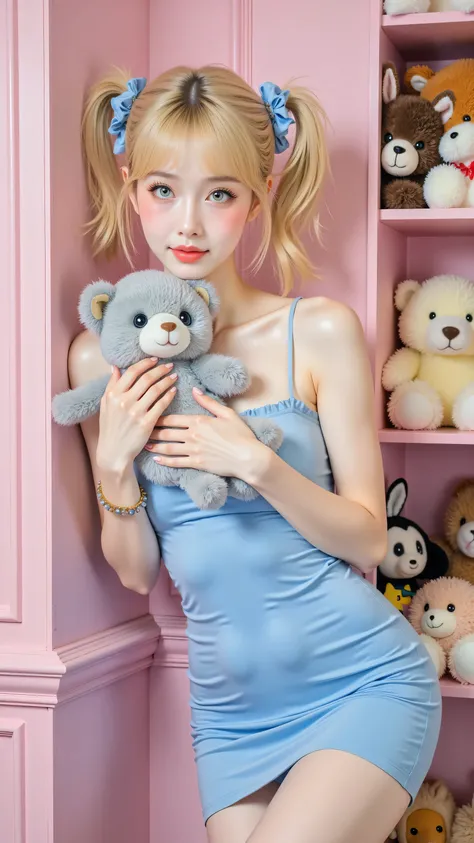 8k, masterpiece, highest quality, Korea's Beautiful Women, Medium shot, eye-level viewpoint, woman, blonde hair in pigtails with blue scrunchies, fair skin, light blue eyes, subtle pink lips, looking slightly to the right, wearing a tight-fitting blue mini...