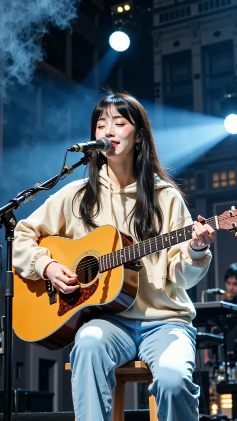 8k, masterpiece, highest quality, Korea's Beautiful Women, Medium shot, slightly low angle viewpoint, woman, long dark hair with bangs, fair skin, eyes closed, singing into a microphone, playing an acoustic guitar, wearing a light beige hoodie and light bl...