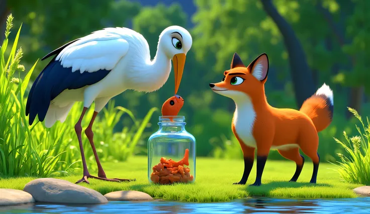 The stork’s beak easily fits into the jar as he eats the fish happily. The fox watches, puzzled and a bit annoyed.stork’s home,. The home is near a riverbank with tall grasses around