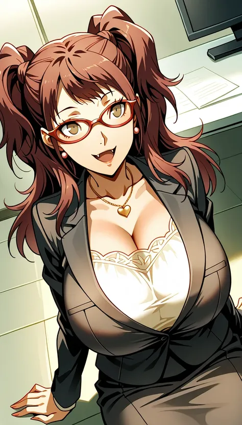 (masterwork, masterpiece, best quality, hyper-detailed),
1 girl, solo, 
p4rise, kujikawa rise, twintails, long hair, brown hair, earrings
p4rise-sumcas, heart necklace, 
,open mouth,fang,1girl, solo, slight smile, office lady, office room, indoors, profess...