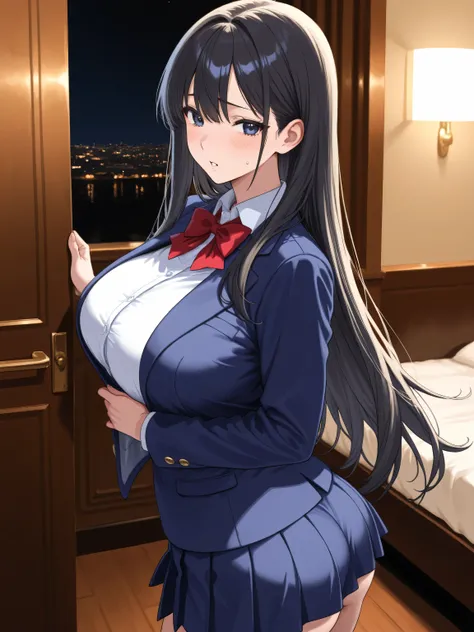 (Take a picture of the girl in front:1.5)、 and stay a little bit away、facing the front、 look at the girl from the front、A room in a hotel、night、long black hair、high school girl、 navy blue blazer、red bow tie、big ass、Big Breasts、puzzled expression、expression...