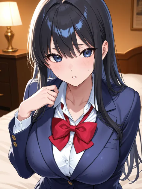 (Take a picture of the girl in front:1.5)、 and stay a little bit away、facing the front、 look at the girl from the front、A room in a hotel、night、long black hair、high school girl、 navy blue blazer、red bow tie、big ass、Big Breasts、puzzled expression、expression...