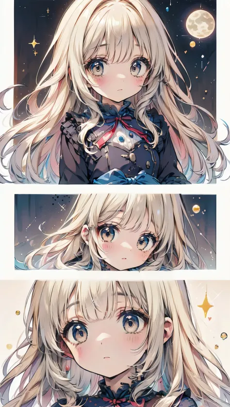 Dots are、明るいピンクの頬、she has chin-length, curly, golden blonde hair with wavy bangs.、she'dark-skinned girl, she is wearing a bright red headband with a ribbon on the right side of her head.. Dots are、she wears a shiny pastel blue and scarlet red dress wit...