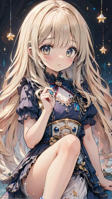 Dots are、明るいピンクの頬、she has chin-length, curly, golden blonde hair with wavy bangs.、she'dark-skinned girl, she is wearing a bright red headband with a ribbon on the right side of her head.. Dots are、she wears a shiny pastel blue and scarlet red dress wit...