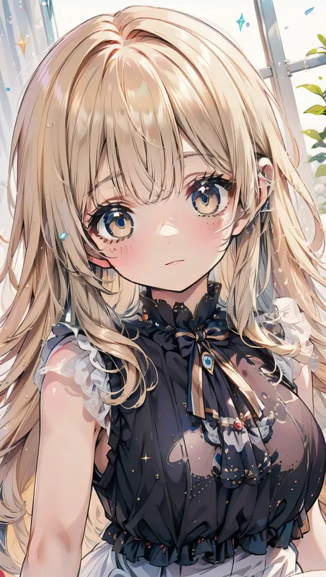 Dots are、明るいピンクの頬、she has chin-length, curly, golden blonde hair with wavy bangs.、she'dark-skinned girl, she is wearing a bright red headband with a ribbon on the right side of her head.. Dots are、she wears a shiny pastel blue and scarlet red dress wit...