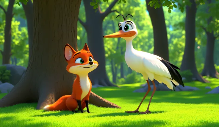 A peaceful forest scene with a clever-looking fox and a tall, elegant stork standing side by side under a tree, smiling at each other like best friends. The forest is lush and green with sunlight filtering through the trees.