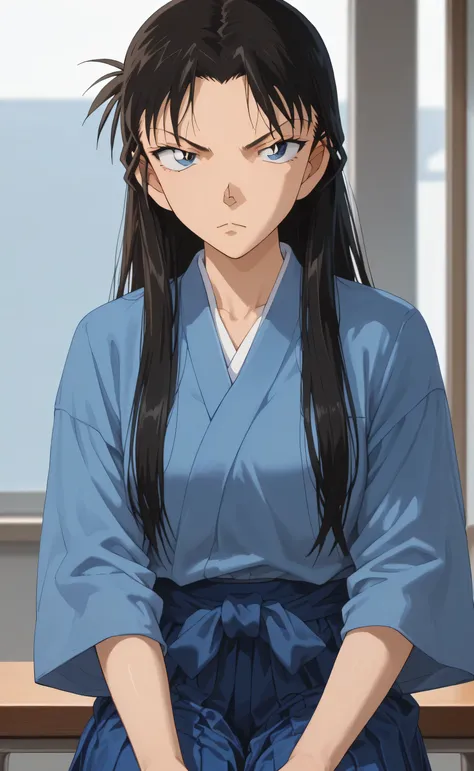 1girl,solo,Horikita Suzune,black hair, long hair,blue eyes,Kendo hakama uniform,school gym background,serious face,