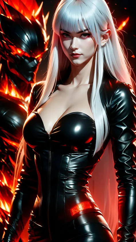 Highly detailed action figure blister packaging design featuring a solo female anime character titled "Shadow Huntress". The full-body figure is centered, with long silver or white hair, red glowing eyes, pale skin, wearing a gothic black outfit: corset to...