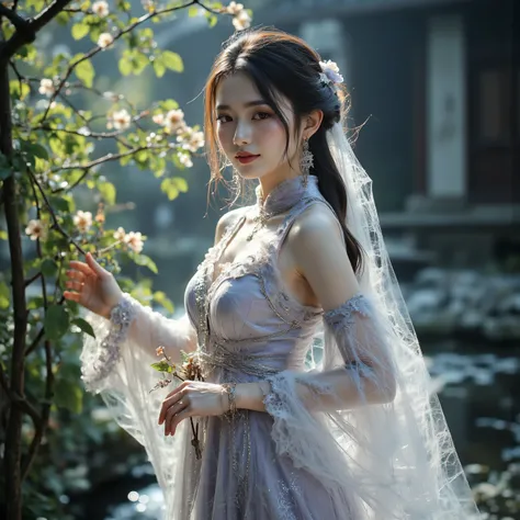  Clothing Description ：
silk chain with a number of crystals and frills hanging at the waist，Her hand held a bamboo basket，Gently lubricated，Like a cocoon fluttering in the wind，touched a flower branch with the other hand。Material like moonlight mist，The c...