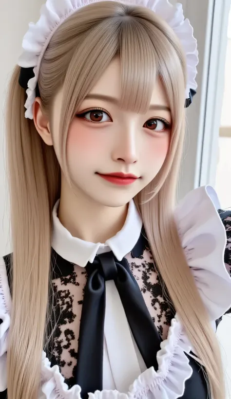 1 woman、Japanese woman、high resolution, masterpiece, anatomically correct, accurate, 最High Quality, High Quality, textured skin, cowboy shot, Portrait Photography, Aperture F2.8, ponytail, smiles, Hospital、 cafeteria、maid outfit、I'm taking orders、behind th...