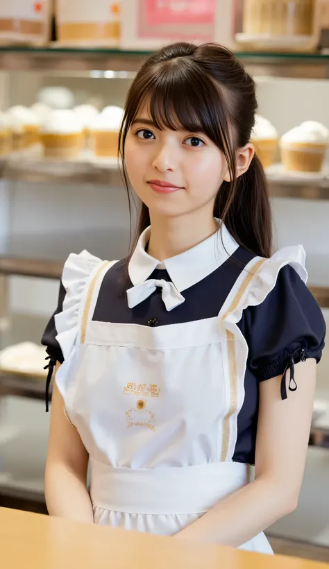 1 woman、Japanese woman、high resolution, masterpiece, anatomically correct, accurate, 最High Quality, High Quality, textured skin, cowboy shot, Portrait Photography, Aperture F2.8, ponytail, smiles, Hospital、maid outfit、I'm taking orders、behind the counter、a...