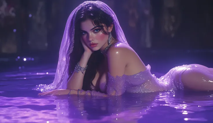 FULL BODY PHOTO OF AN EXTREMELY BEAUTIFUL WOMAN with European features ((Arabs)), long jet-black hair smooth silky wet lace draining from water, blue eyes, Blushed Cheeks,   glowing skin  ,  very white skin, medium breasts,  Curves of Goddess, with a long ...