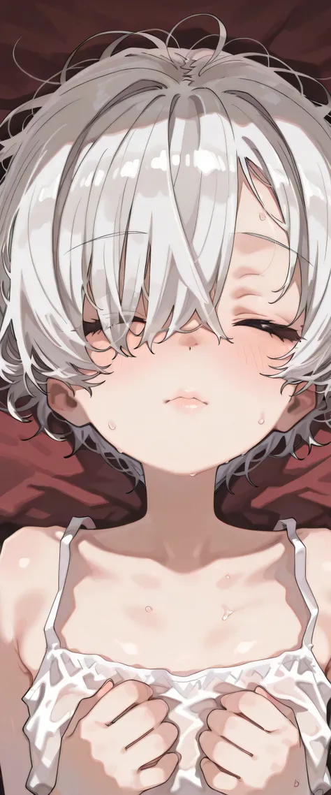 {{{masterpiece}}}, {{{best quality}}}, {{ultra detail}}, {illustrations}, {{very delicate and beautiful}},(solo, boyish girl, ,slender:1.3,Flat chest),(),(very short hair,messy hair,silver hair,hair covering one eye, closed eyes:-.5 ,luxury, ,Eyes See-Thro...