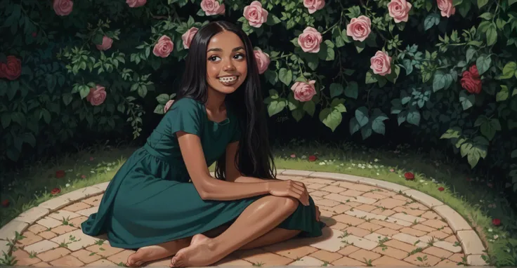 a girl in a rose garden wearing a long green dress with short sleeves, straight black hair, long hair, round chin, snub nose, black eyes, BROWN LIPS, sorriso, boca aberta, perfect teeth, sardas, shiny skin, medium bikini, perfect feet, bare feet, dental b...