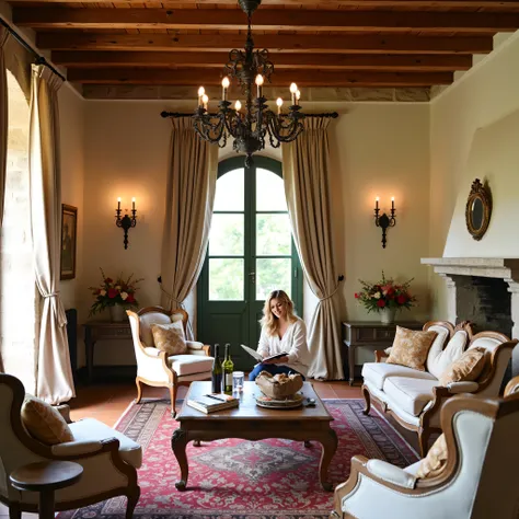"A warm and elegant Tuscan style interior: rustic stone walls, exposed wooden ceiling beams, terra-cotta floor tiles, large arched windows and linen curtains, antique wooden furniture, wrought iron chandelier, outdoor fireplace, zA palette of colors in gre...
