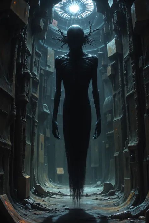 (Masterpiece. Ultra HD. 16K. Realistic. Cosmic Horror. Dark Psychedelic:1.5) — (A male humanoid entity:1.5) with distinctly masculine proportions — broad shoulders, defined chest, narrow waist — is (levitating slightly above the ground:1.5), still and weig...