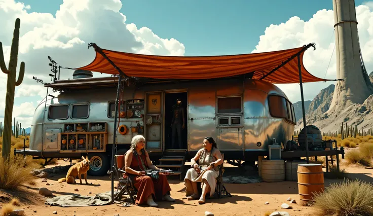 among a very dense cyberpunk cacti forest. a large white, green and red, striped fabric casting shadows over, under a red, white and green fabric shelter, a close up portrait of two old navajos grandmothers in traditional navajo clothes. they are sitting...