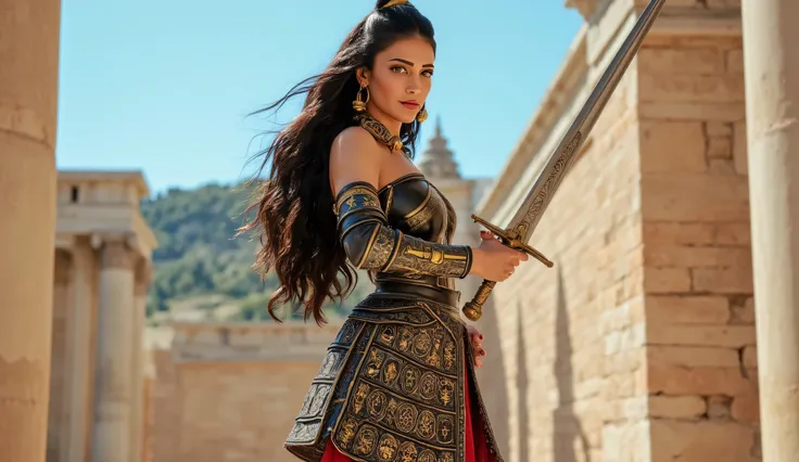 A young woman Warrior, sword, long hair, Greek background.