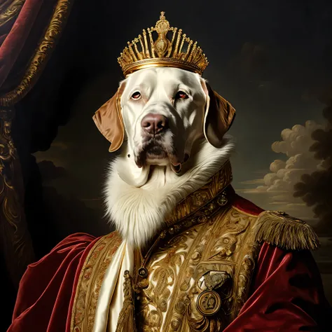 A majestic dog wearing a royal crown and luxurious red velvet robe with white fur trim, adorned with ornate gold embroidery and a jeweled medallion. The dog is posed like a classical monarch in a richly detailed, oil-painted royal portrait style. Baroque l...
