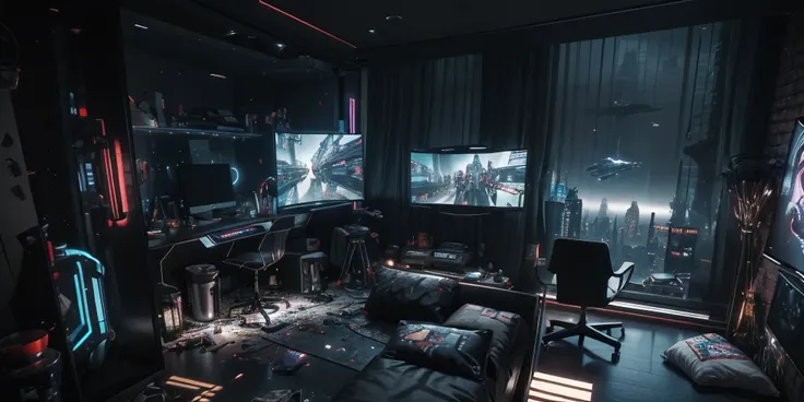 Photo of room with table and chairs, bedroom interior, apartment of an art student, messy rooms，There are many personal items in the room，cyber punk personage，room from &cite;Cyberpunk 2077&sci-fi details ciots，Hologram screen and floating chair，This space...