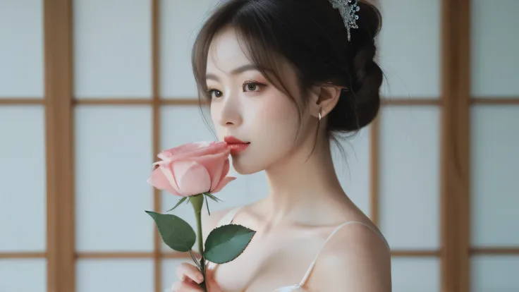 A chic-dressed Japanese woman holding a rose