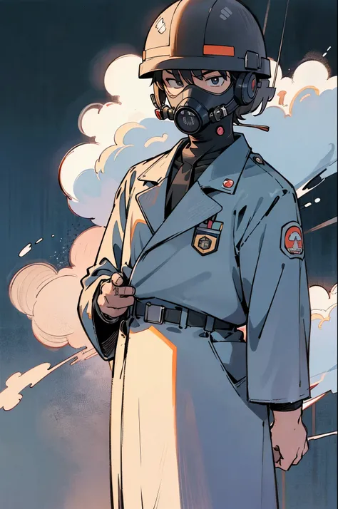 by Ken Sugimori, sugimori 1990s, ((only 1man)), adult. navy tactical military wetsuit, white labcoat, helmet, ((full-face gas mask)), serious, glaring, ((hands behind their back)), full black pupils, manga, best quality, highly detailed, clean lines, cowbo...