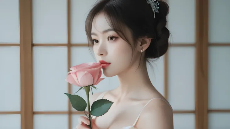 A chic-dressed Japanese woman holding a rose