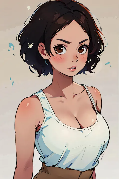 perfect face, black hair, medium hair, bob hair, black eyebrows, thin eyebrows, brown eyes, blush, thick lips, round tank top, white tank top, (large breasts 1.4), from side, looking at viewer, white background