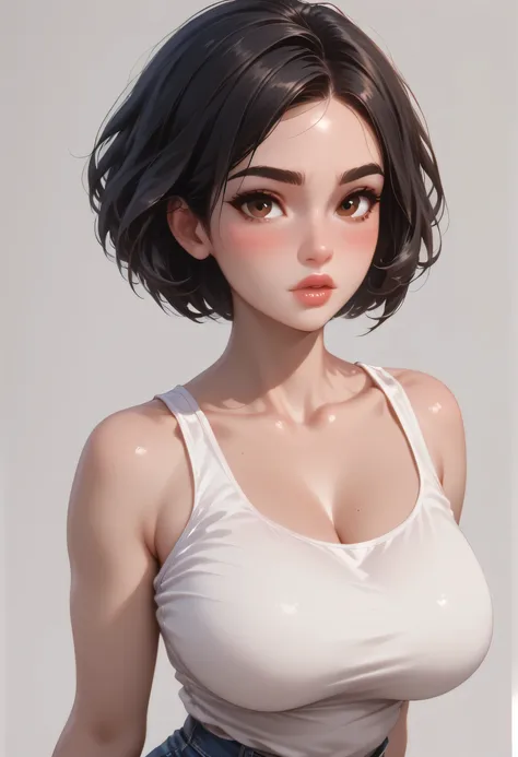 perfect face, black hair, medium hair, bob hair, black eyebrows, thin eyebrows, brown eyes, blush, thick lips, round tank top, white tank top, (large breasts 1.4), from side, looking at viewer, white background