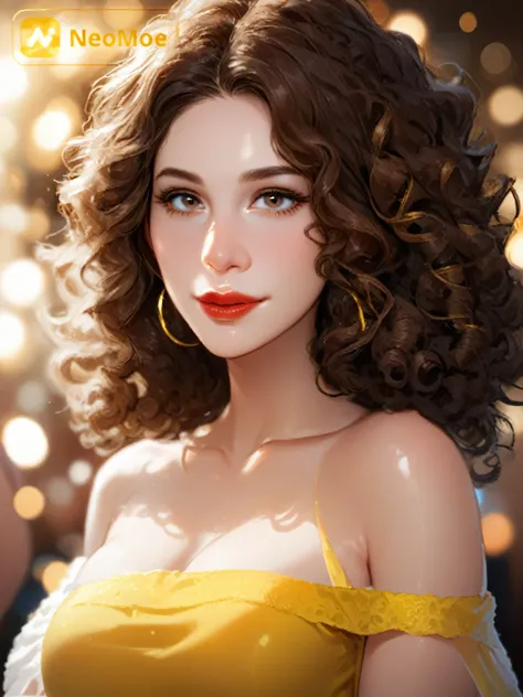 brown hair, curly hair, black thin eyebrows, dark brown eyes, nose, normal lips, red lips, collarbone, cleavage, off shoulders, medium breasts, yellow tube top, bokeh