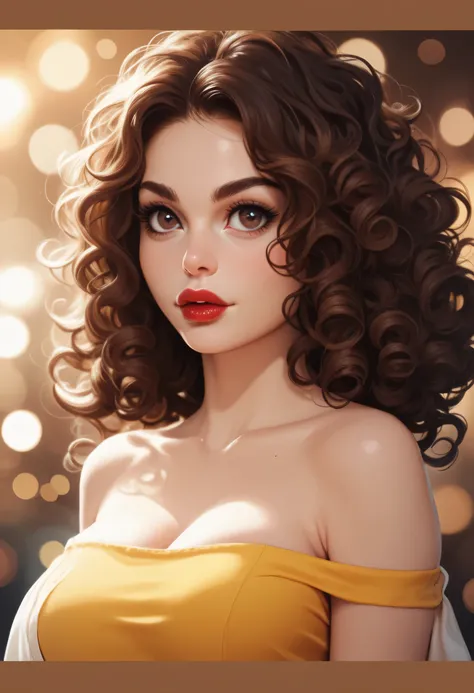 brown hair, curly hair, black thin eyebrows, dark brown eyes, nose, normal lips, red lips, collarbone, cleavage, off shoulders, medium breasts, yellow tube top, bokeh