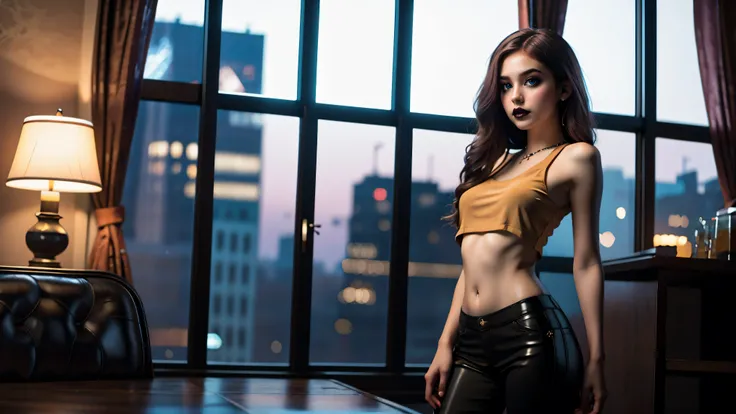 1girl, solo, (skinny body : 1.2), 18 year old, young, (standing in front of a large window in a penthouse with a beautiful night view of the city lights below), dimly lit, room, romantic lighting, (medium breasts), round breasts, very sexy, flat abs, long ...