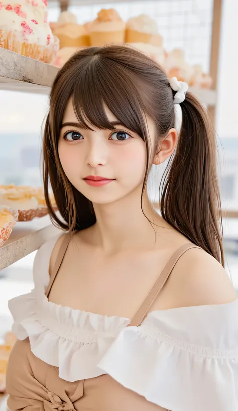 1 woman、Japanese woman、high resolution, masterpiece, anatomically correct, accurate, 最High Quality, High Quality, textured skin, cowboy shot, Portrait Photography, Aperture F2.8, ponytail, smiles, Hospital、 cafeteria、maid outfit、I'm taking orders、behind th...