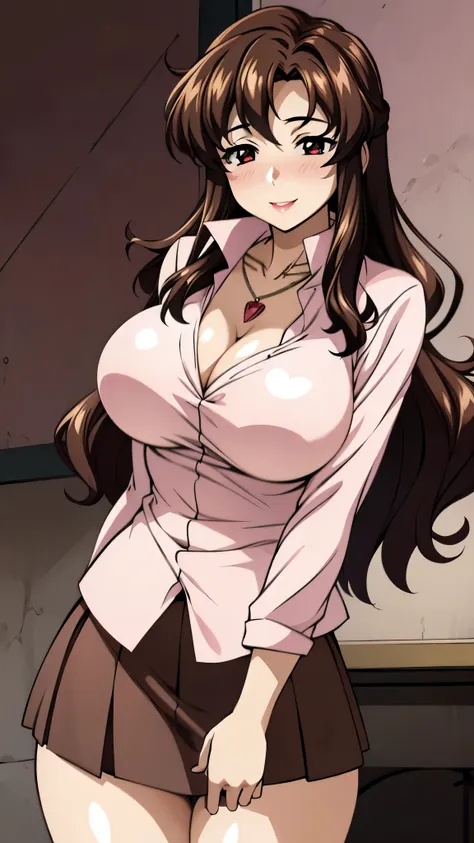 （SUPER QUALITY,super high resolution,16k,super masterpiece, ,detailed shading and background,）sexy mature woman,long brown hair,Pink shirt with a large collar and straight sleeves,Pitchy red skirt,cleavage,necklace,Big Breasts,blush,with a maternal smile,G...