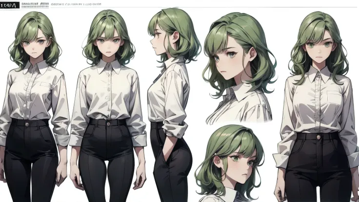 (character sheet: 1.2) adult woman with short wavy green hair, serious face, she's wearing unbotton white shirt, black pants, relaxed. (masterpiece , High resolution: 1 . 4) , detailed , Intricate details , 4K , Line art , HD, 4k, (white background)