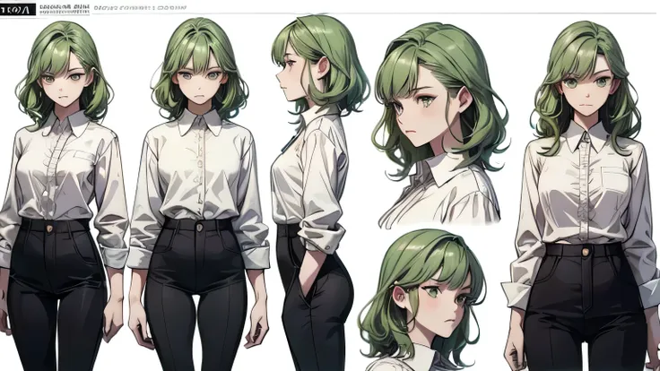 (character sheet: 1.2) adult woman with short wavy green hair, serious face, she's wearing unbotton white shirt, black pants, relaxed. (masterpiece , High resolution: 1 . 4) , detailed , Intricate details , 4K , Line art , HD, 4k, (white background)